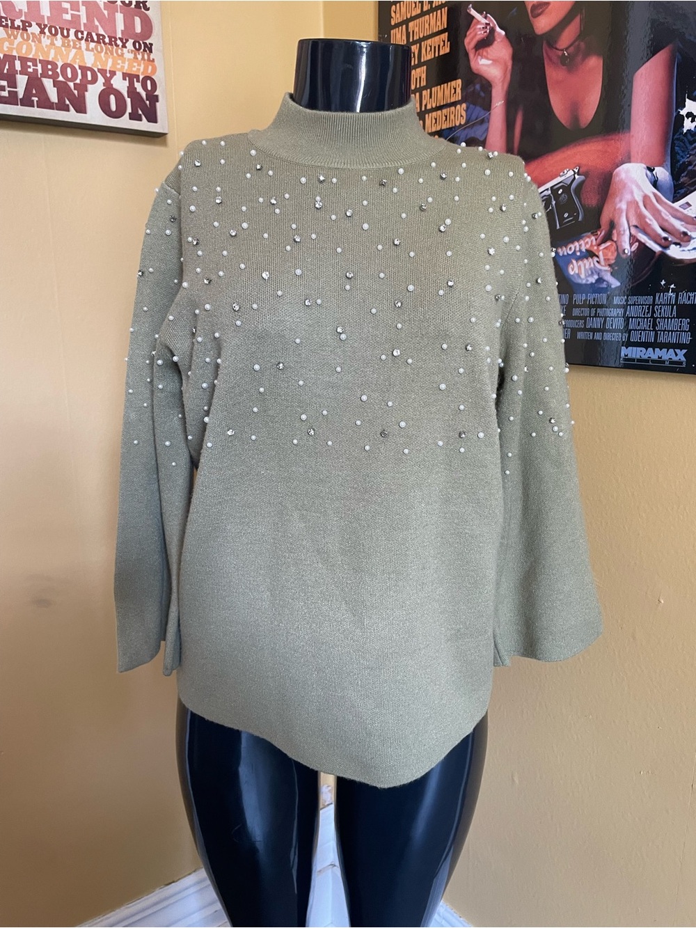 Laura Petite Olive Green Pearl-Embellished Mock Neck Sweater